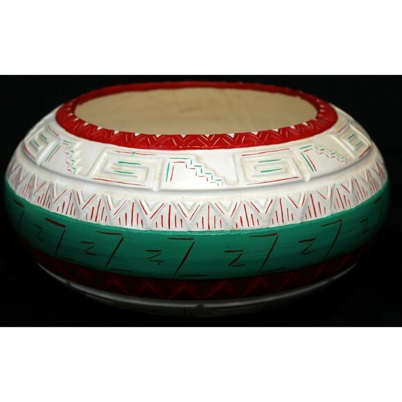 Hand Painted Ceramic Bowl Vase Indian Geometric White Green Red Striped Native - Picture 3 of 9